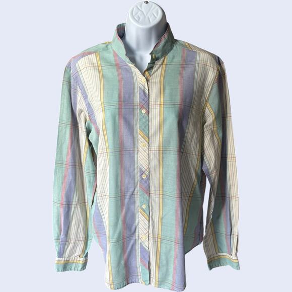Donnkenny pastel plaid button front blouse size 14 band collar 80s preppy - Picture 1 of 5